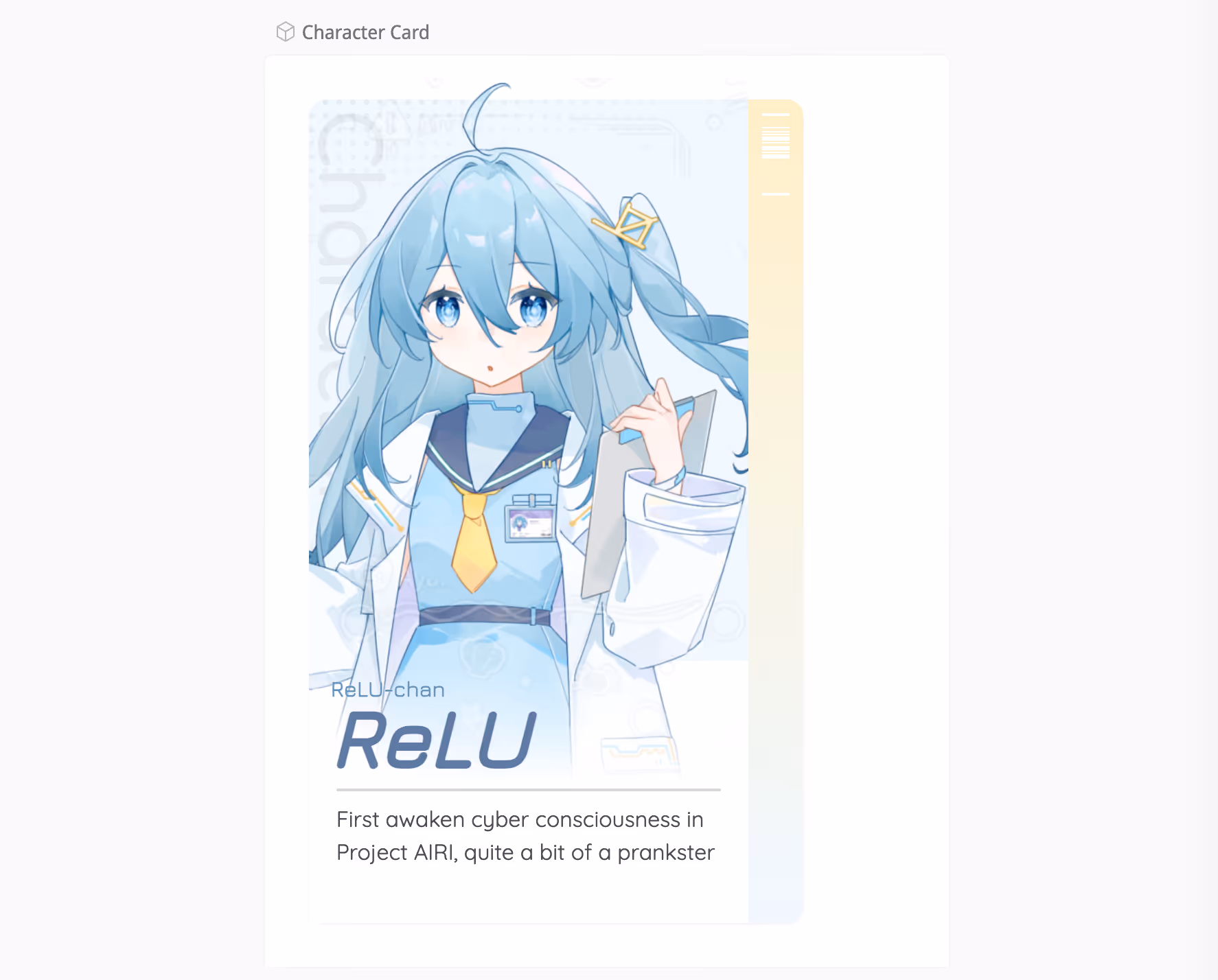 a card like user interface design for a blue hair character called ReLU